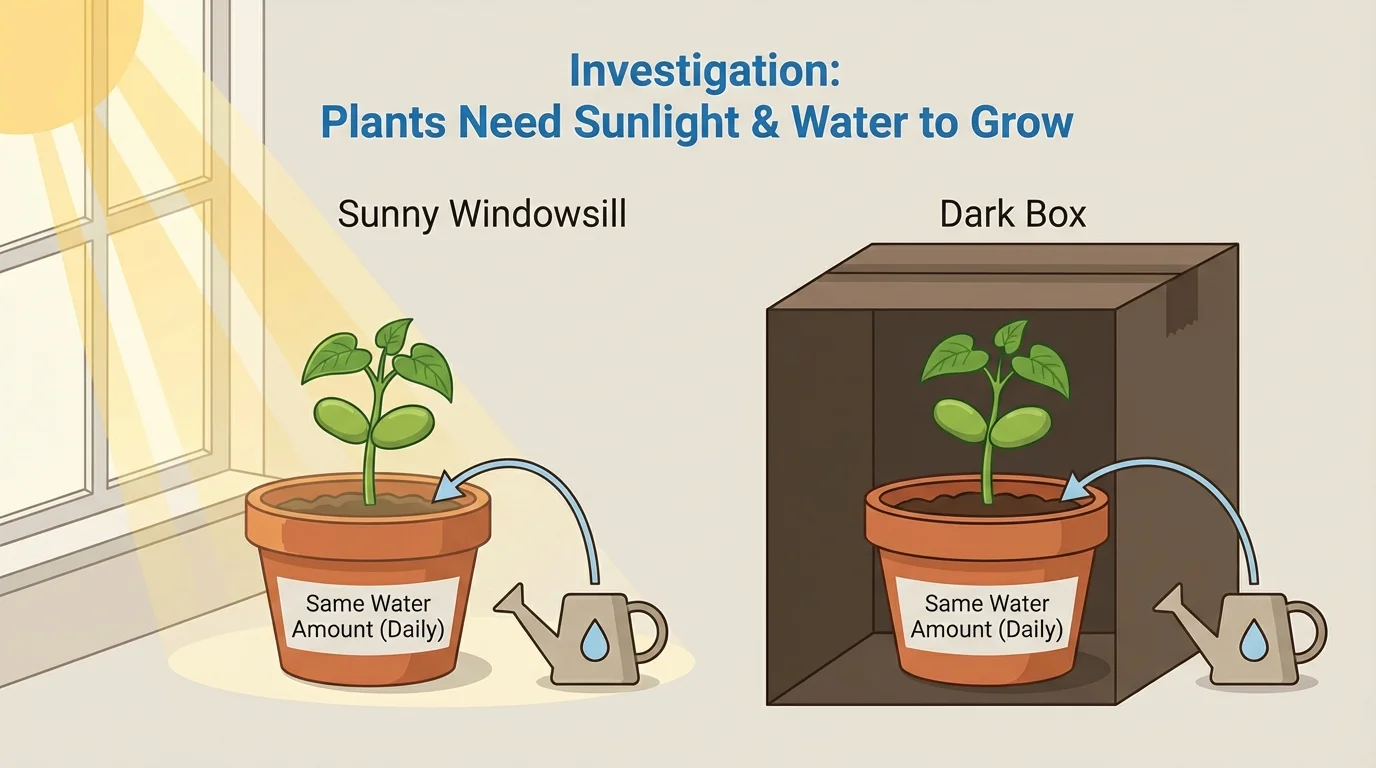 Two matching potted bean plants, one on a sunny windowsill and one inside a dark box, both labeled with the same amount of water each day