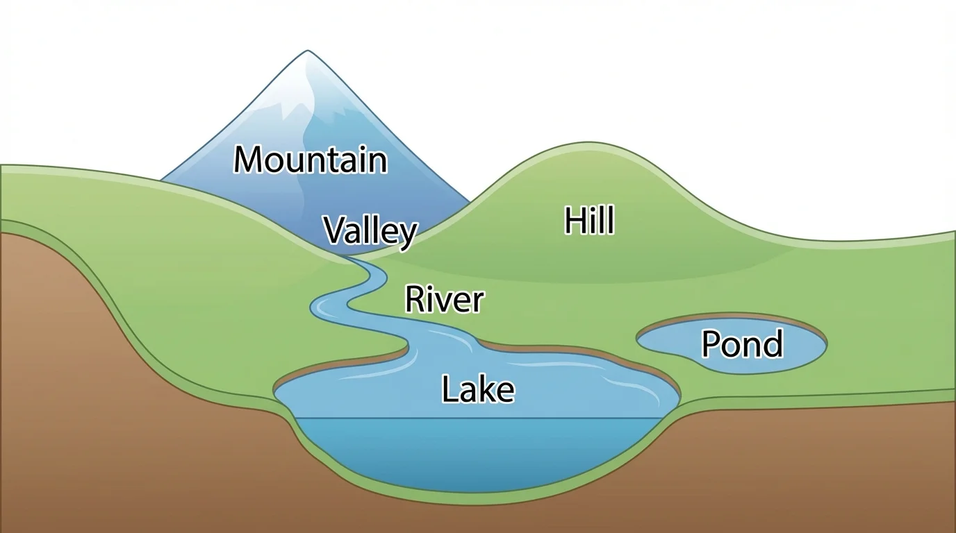 Simple landscape with a hill, mountain, valley, river, lake, and pond labeled clearly for young students