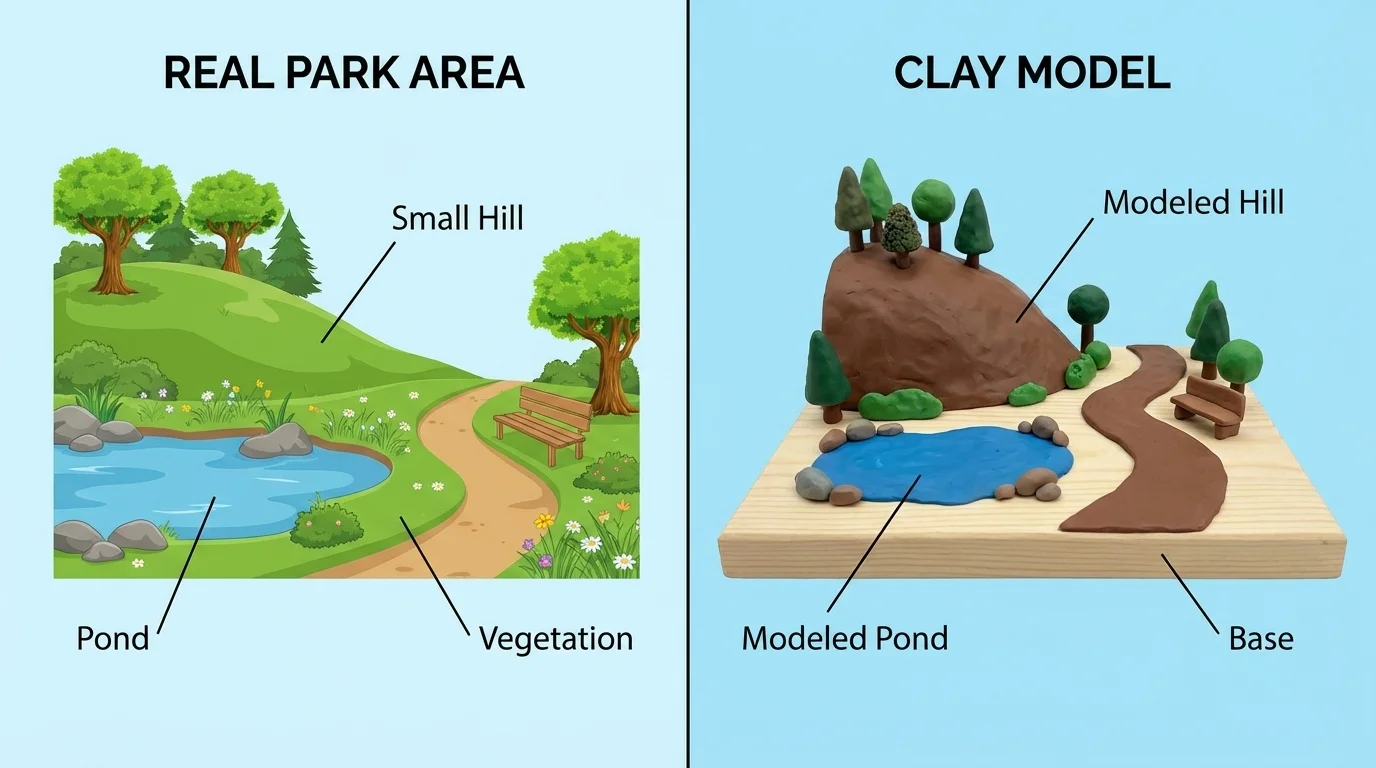 A real park area with a small hill and pond beside a clay model showing the same hill and pond in matching positions
