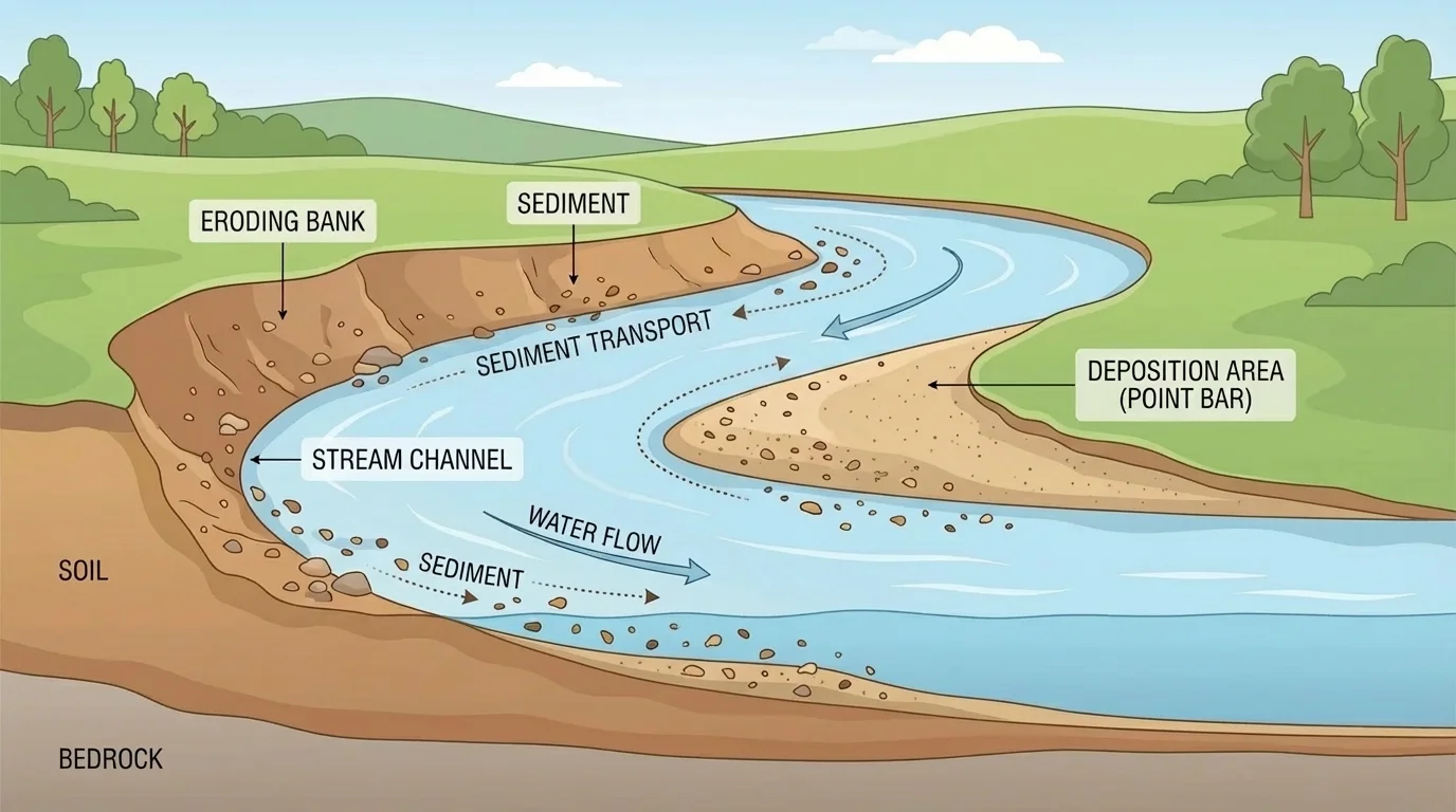 A stream eroding one riverbank and carrying sand and soil downstream where some is dropped in a new spot