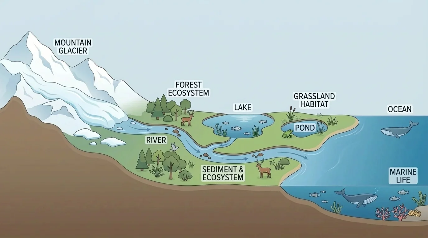 Earth scene with labeled ocean, river, lake, pond, and snowy mountain glacier