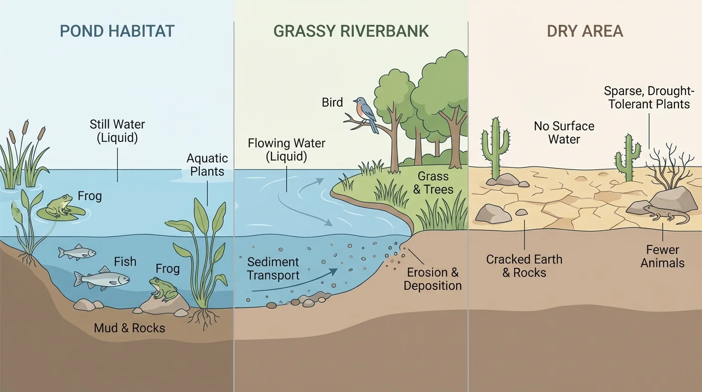 comparison of pond habitat with fish and frogs, grassy riverbank with birds, and dry area with fewer plants