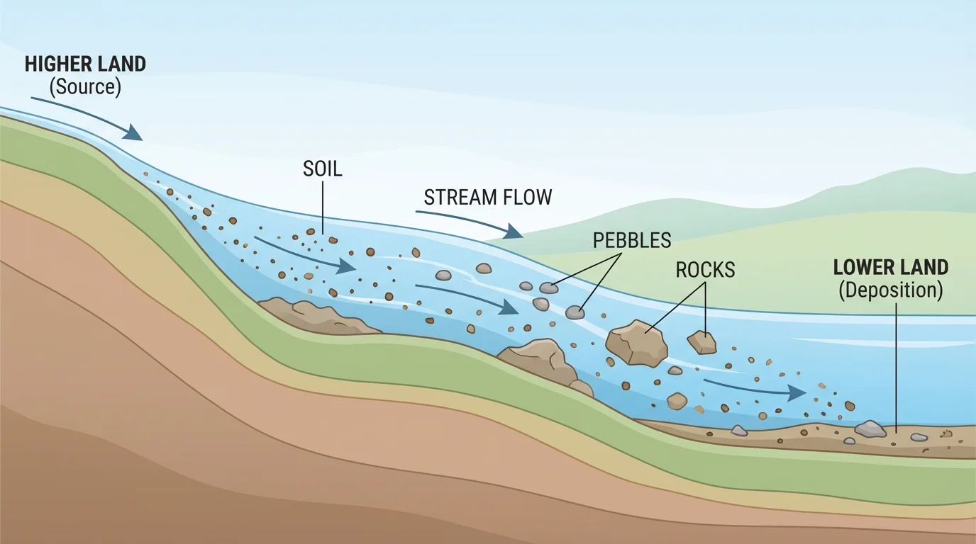 stream on a slope carrying soil, pebbles, and rocks from higher land to lower land