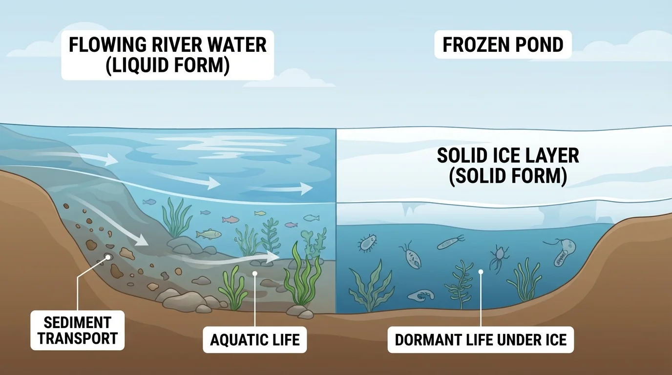 side-by-side view of flowing river water and solid ice on a frozen pond with simple labels