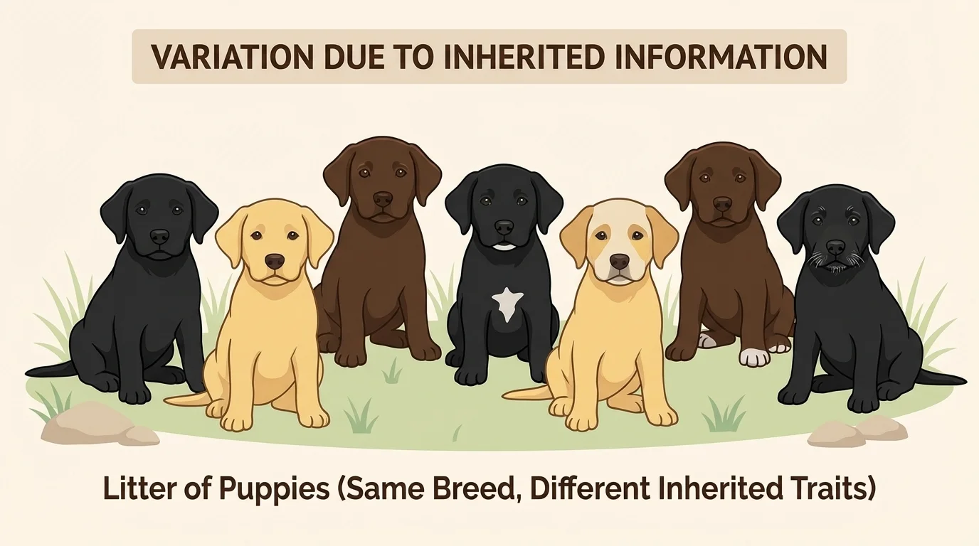 A litter of puppies of the same breed showing different fur colors, spots, and ear shapes