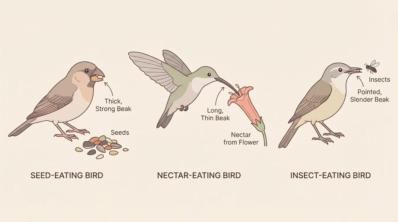 Three birds with different beak shapes eating different foods such as seeds, nectar, and insects