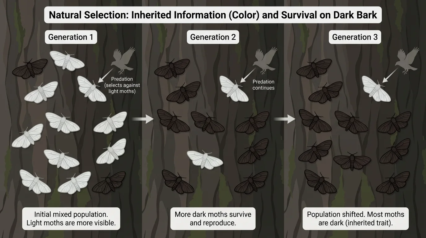 Sequence of moth populations across several generations showing more dark moths surviving on dark tree bark