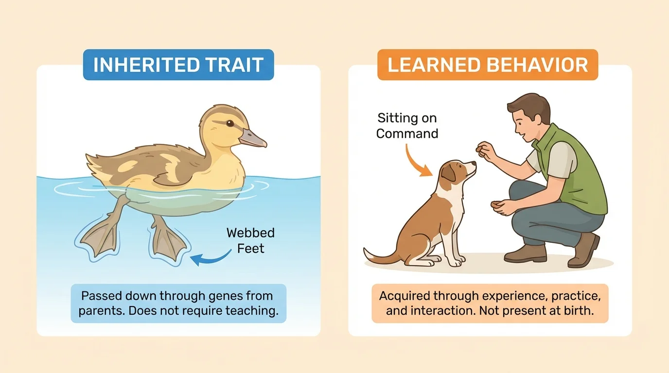 Young duck with webbed feet swimming and a young dog learning to sit from a trainer, labeled inherited trait and learned behavior