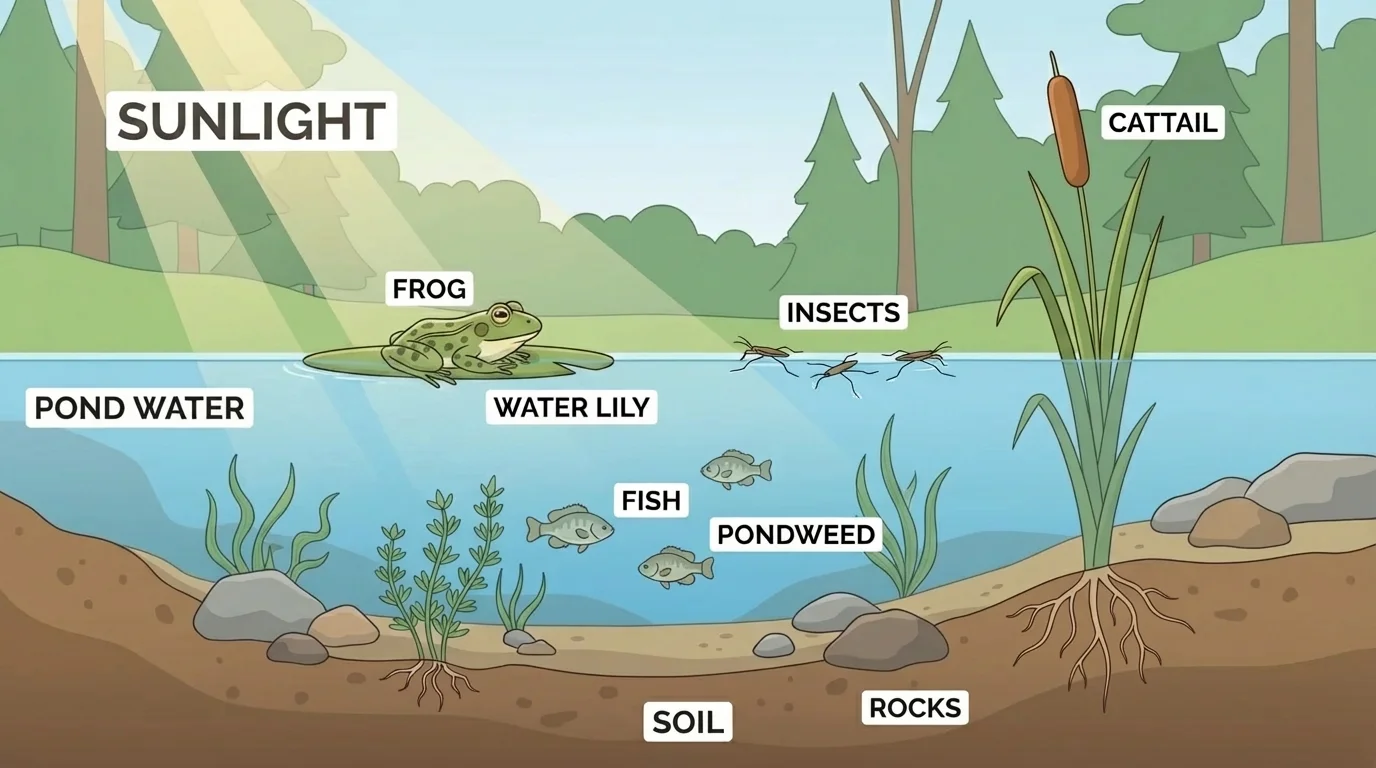 Forest pond habitat with plants, frog, fish, insects, sunlight, water, soil, and rocks labeled