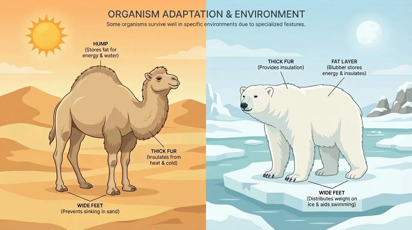 Camel in desert and polar bear in Arctic with labels for hump, wide feet, thick fur, and fat layer