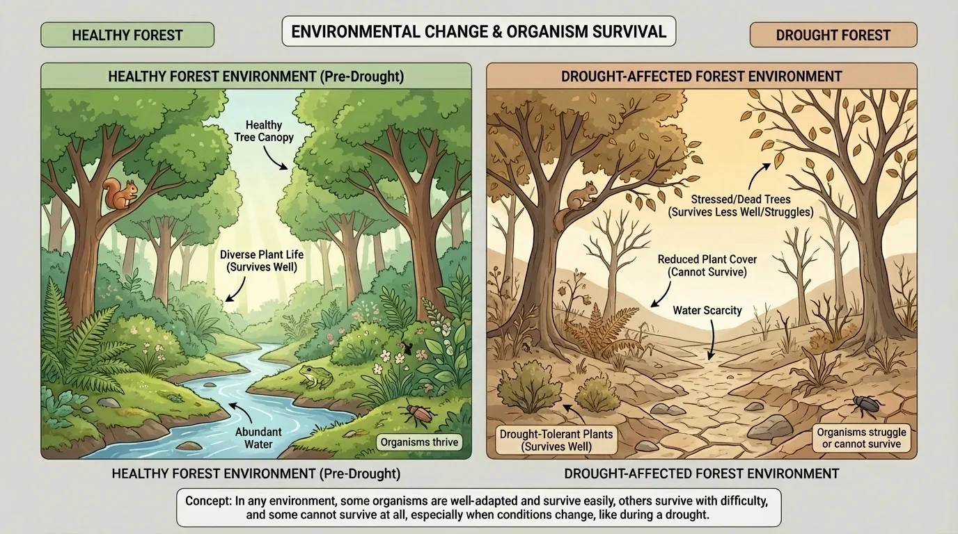 Before-and-after forest scene showing healthy habitat changing after drought, with fewer plants and less water