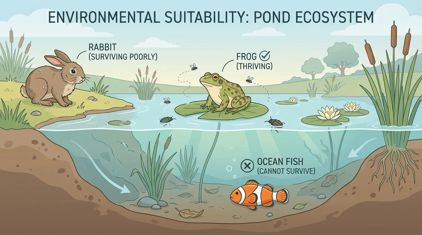 Pond scene with frog thriving, rabbit near edge surviving poorly, and ocean fish unable to survive in freshwater
