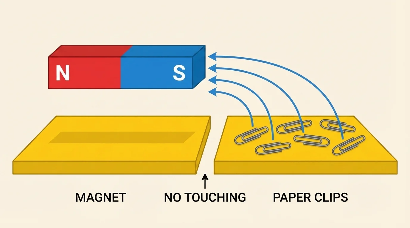 Bar magnet pulling several steel paper clips across a small gap, with arrows showing magnetic force and labels for magnet, paper clips, and no touching