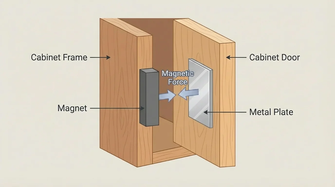 Small cabinet door with a magnet on the frame and a metal plate on the door, showing the door held closed