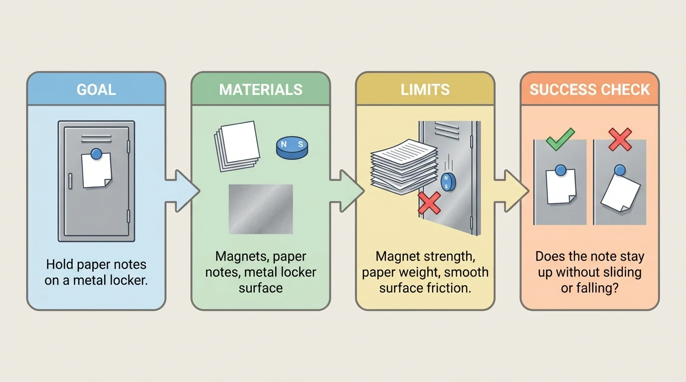 Four connected boxes labeled goal, materials, limits, and success check, using a note holder on a metal locker as the example