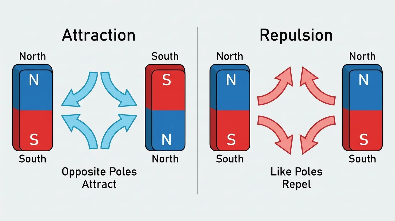 Two pairs of bar magnets labeled north and south, one pair attracting with arrows inward and one pair repelling with arrows outward