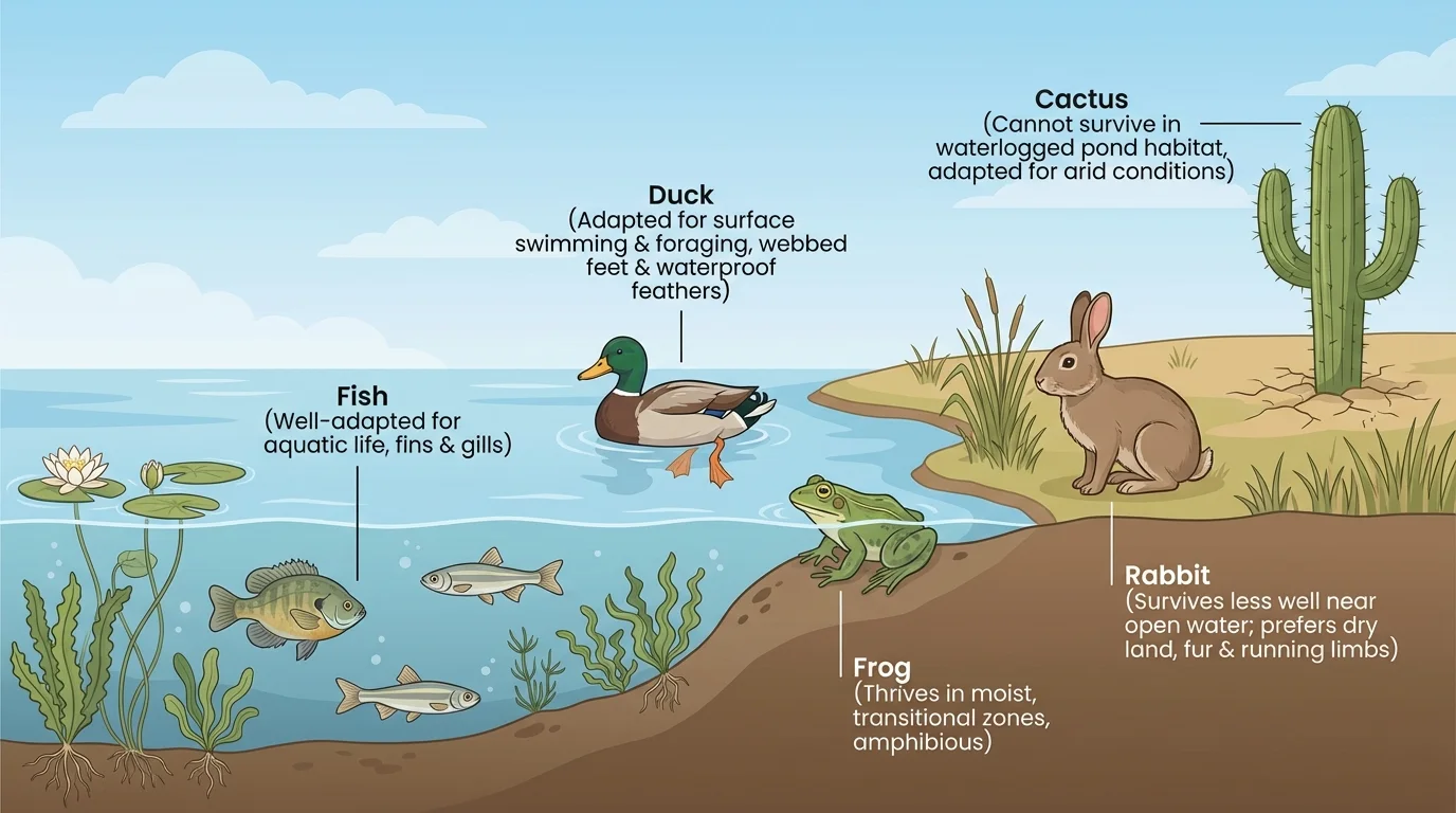 Pond scene with fish in water, frog at muddy edge, duck on water, rabbit on shore, and cactus beside pond, showing which organisms fit the pond habitat best