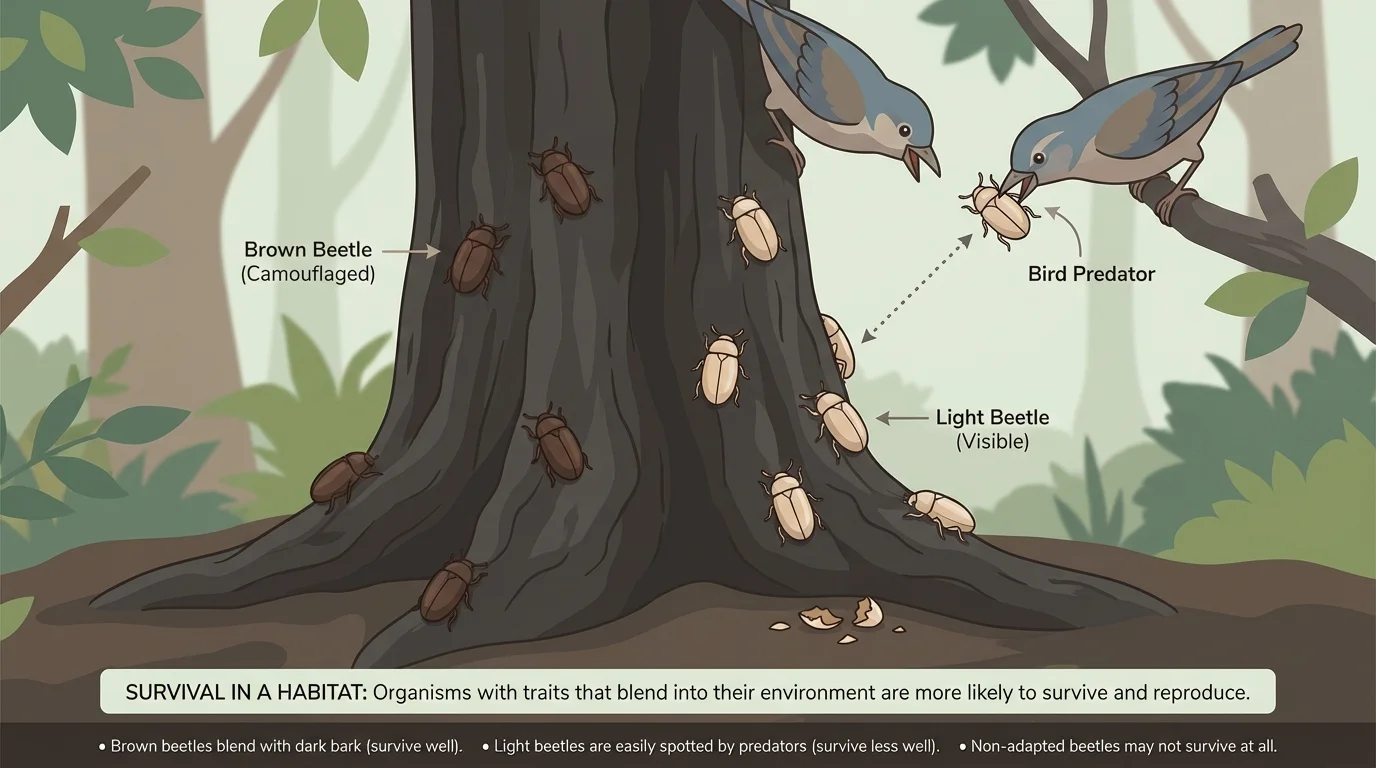 Brown and light-colored beetles on dark tree bark, with birds easily spotting the lighter beetles while darker beetles blend in