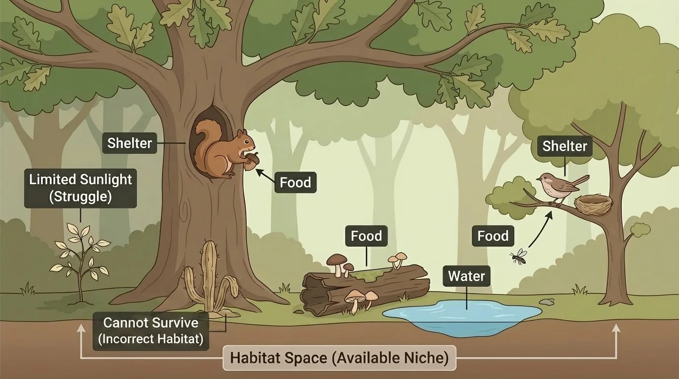 Woodland habitat with squirrel, bird, mushroom, tree hollow, water puddle, and simple labels for food, water, shelter, and space
