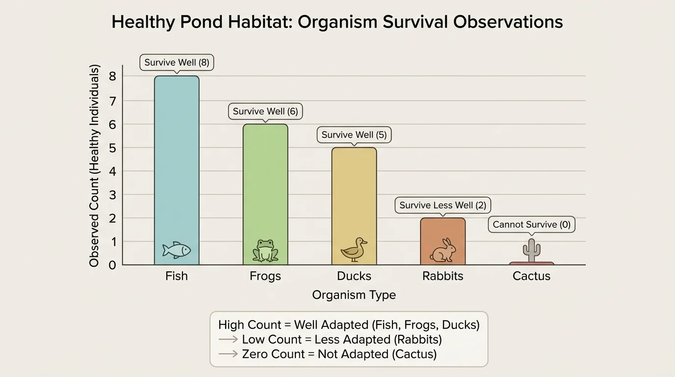 Simple bar chart with small whole-number counts comparing healthy pond observations for fish, frogs, ducks, rabbits, and cactus