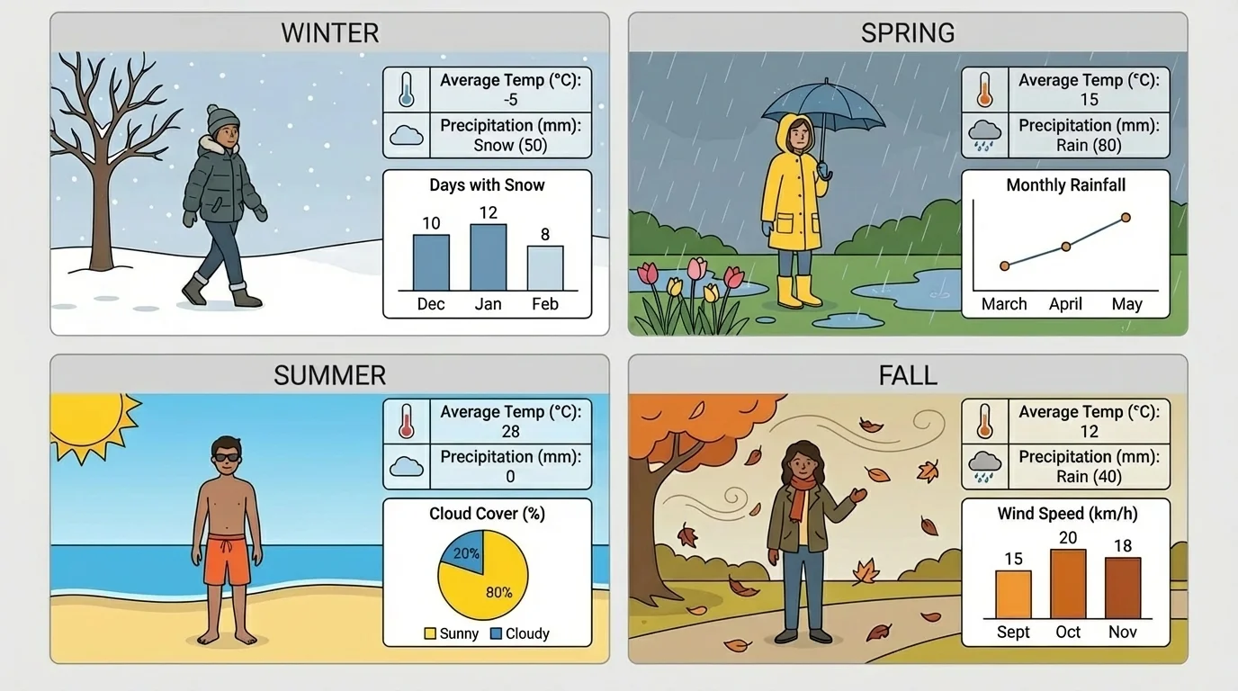 four-panel seasonal scene showing winter with snow and coats, spring with rain and puddles, summer with bright sun and warm clothing, and fall with wind and falling leaves