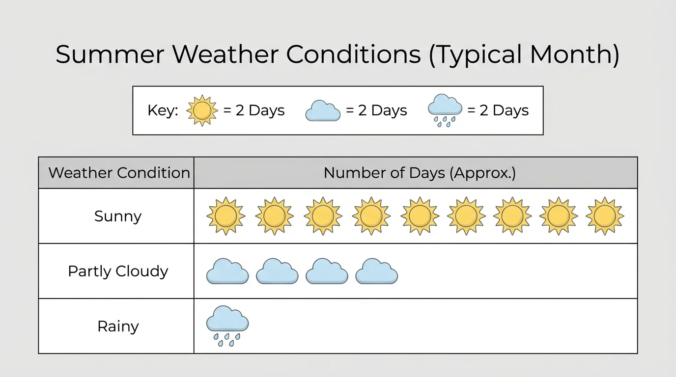pictograph of summer weather with a key showing one sun symbol equals 2 days, one cloud symbol equals 2 days, and one rain symbol equals 2 days, with several symbols in rows