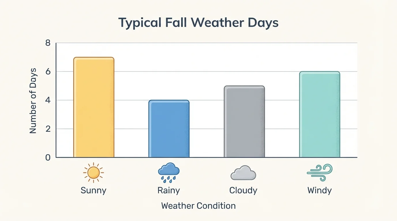 bar graph for fall weather with categories sunny, rainy, cloudy, windy on the horizontal axis and number of days on the vertical axis, with bars at 7, 4, 5, and 6