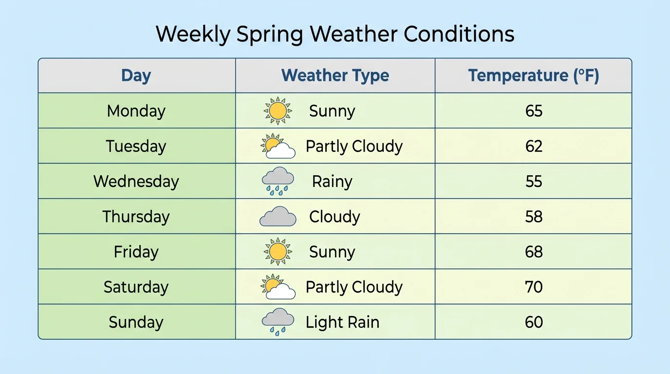 weekly spring weather table with rows for Monday through Sunday and columns for weather type and temperature, using simple labels such as sunny, rainy, cloudy, and numbers for temperature