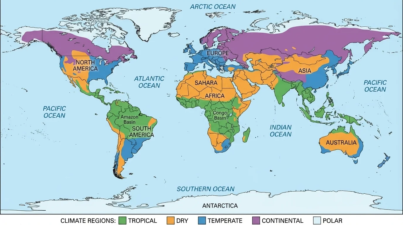 world map shaded to show tropical, dry, temperate, continental, and polar climate regions with simple labels and clear color regions