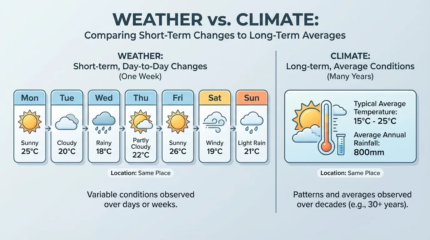 chart comparing one week of changing weather with many years of typical weather for the same place, using simple icons for sun, rain, clouds, and average conditions
