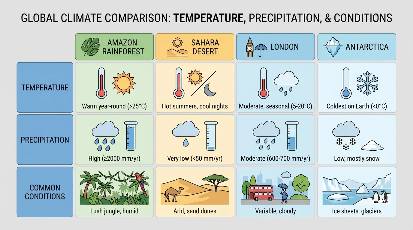 chart comparing Amazon Rainforest, Sahara Desert, London, and Antarctica by temperature, precipitation, and common conditions using simple icons and short labels