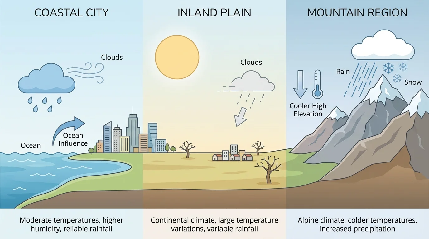 side-by-side comparison of a coastal city, an inland plain, and a mountain region, with simple icons for ocean, clouds, rain, and cooler high elevation
