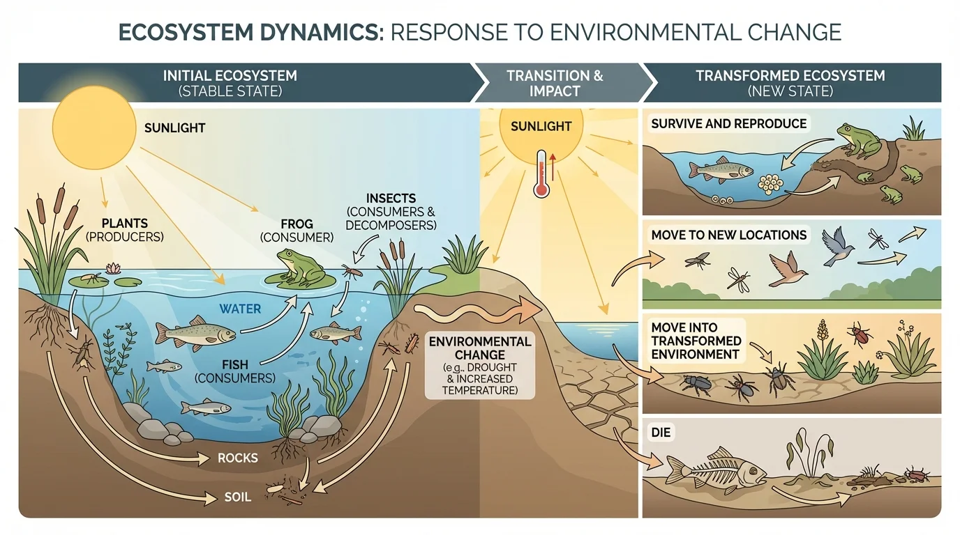 Labeled pond ecosystem with fish, frog, plants, insects, sunlight, water, rocks, and soil