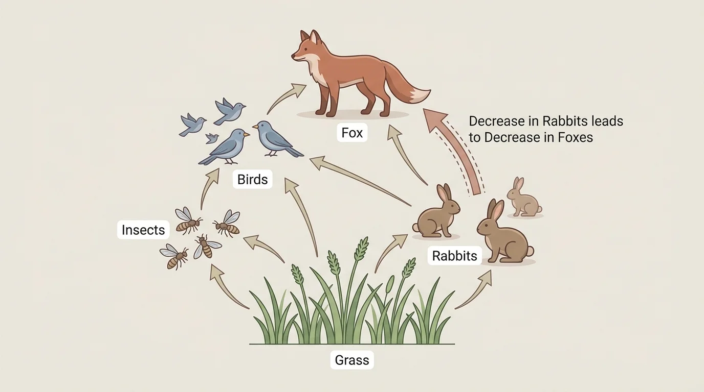Grassland food web with grass, insects, rabbits, birds, fox, and arrows showing fewer rabbits affecting foxes