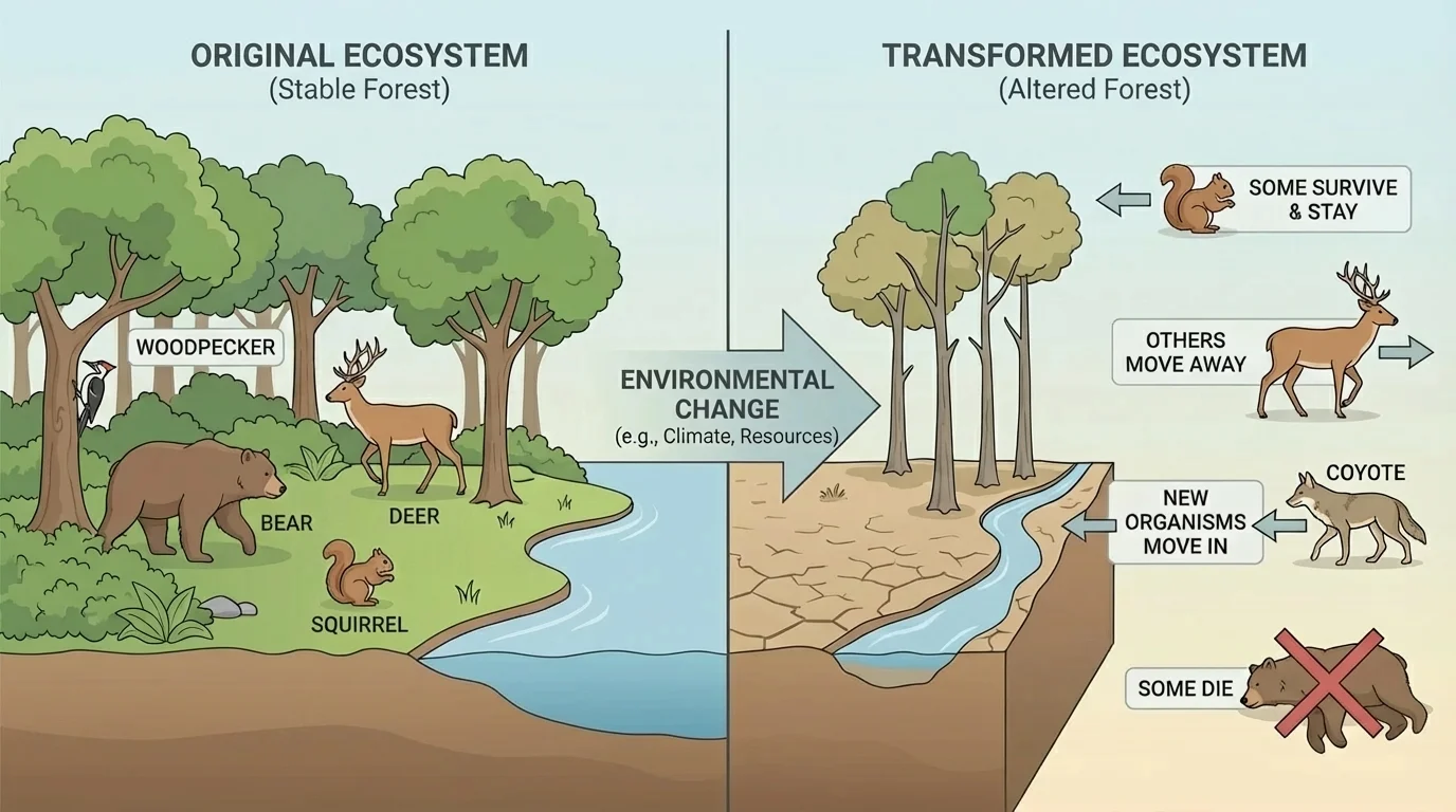 Forest habitat change showing some animals staying, some moving away, some moving in, and some dying