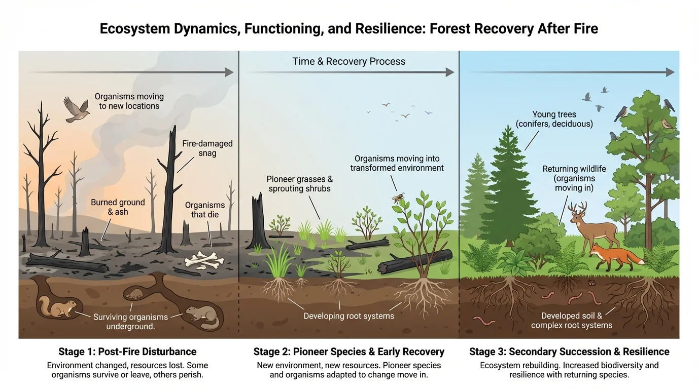 Three-stage forest recovery scene with burned ground, new grasses, shrubs, and young trees returning