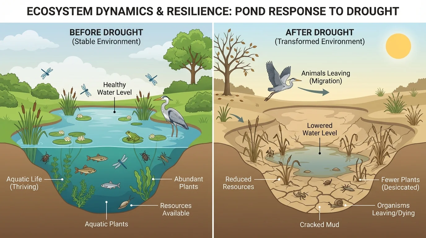 Split-scene pond before and after drought with lower water, cracked mud, fewer plants, and animals leaving
