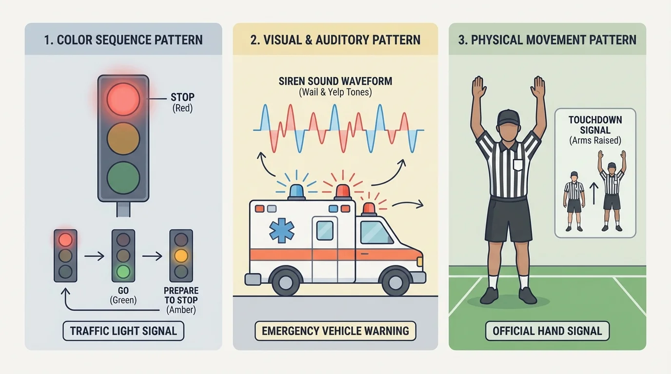 illustration showing a traffic light changing colors, an ambulance using flashing lights and siren, and a referee giving a hand signal as examples of pattern-based information transfer
