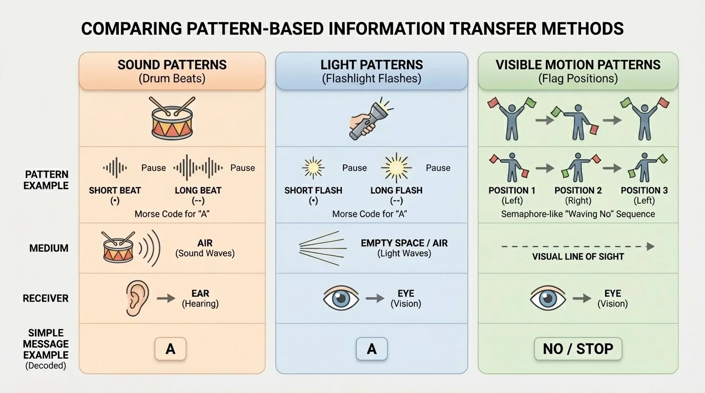 chart with three columns comparing sound patterns like drum beats, light patterns like flashlight flashes, and visible motion patterns like flag positions for sending simple messages