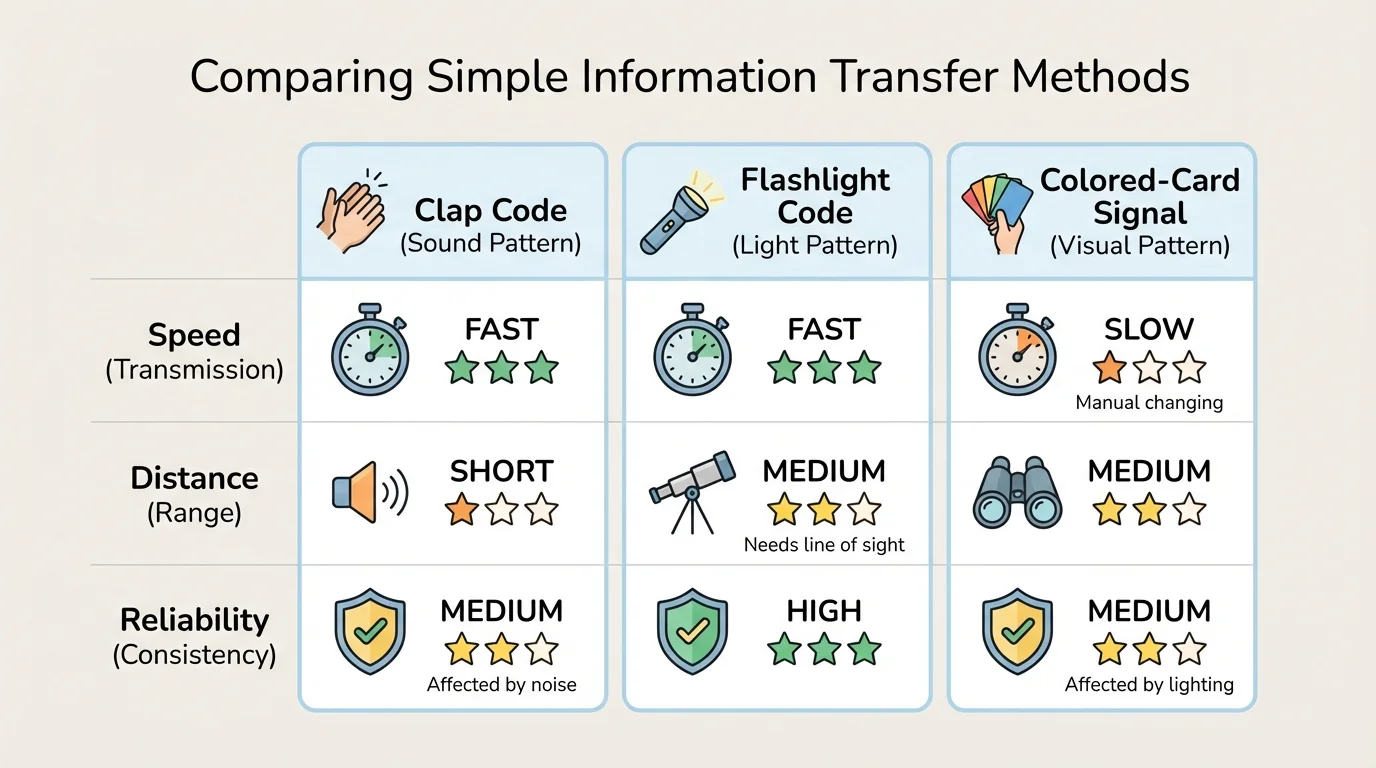 chart comparing clap code, flashlight code, and colored-card signal for speed, distance, and reliability with simple ratings