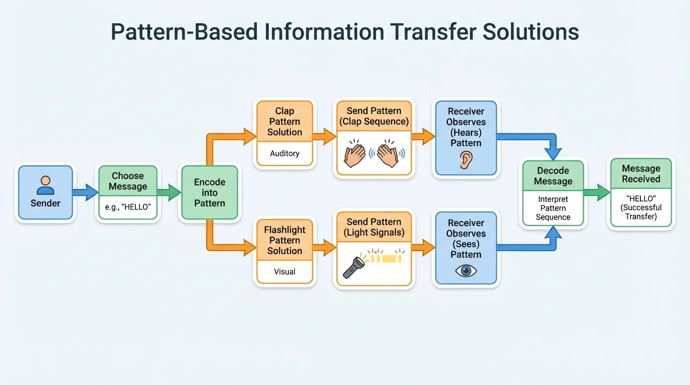 flowchart showing a sender choosing a message, encoding it into clap or flashlight patterns, sending the pattern, a receiver observing it, and decoding the message
