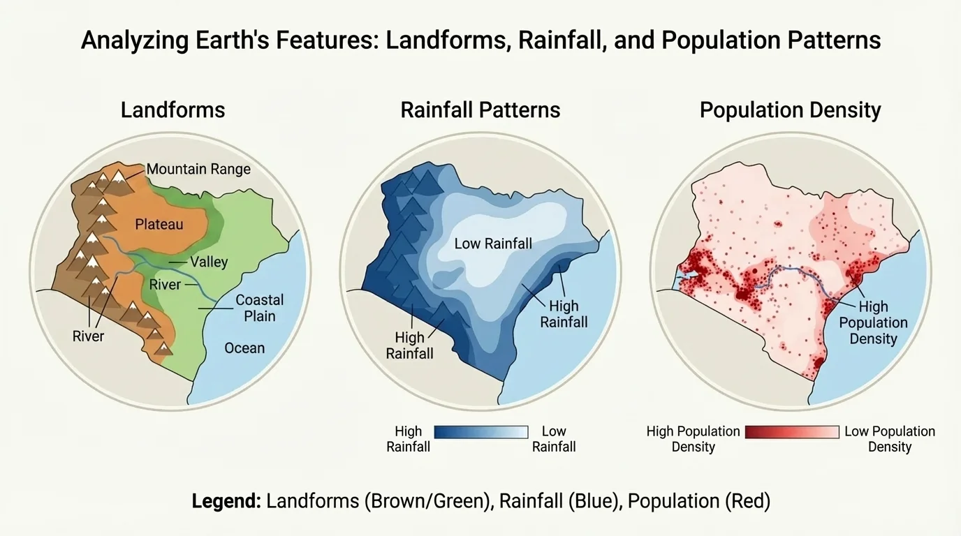 Three small maps of one region showing landforms, rainfall shading, and population density patterns