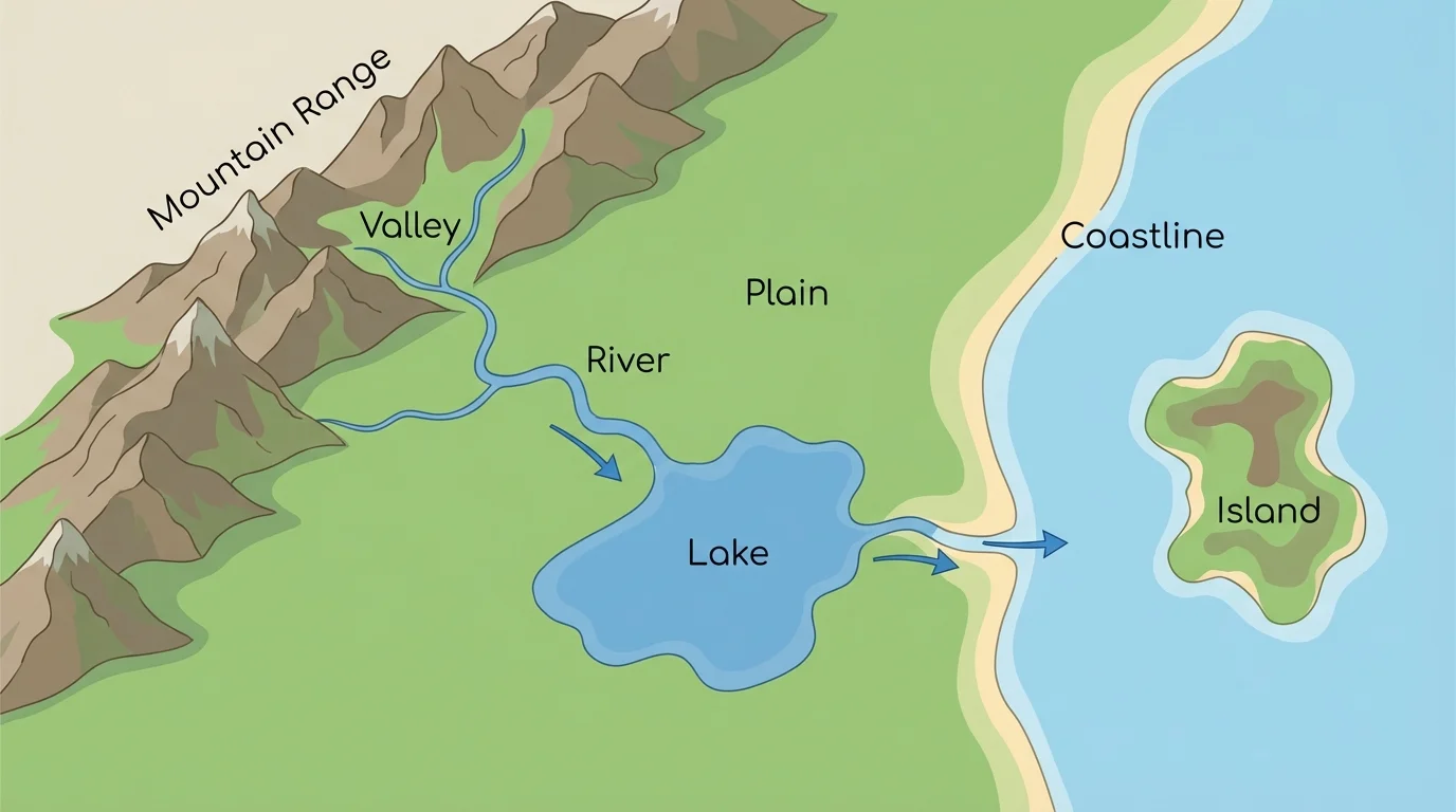 Map showing mountain range, valley, river flowing to a lake, plain, coastline, and island with clear labels