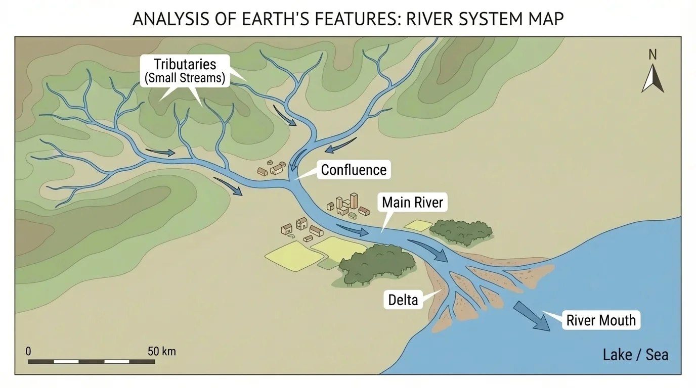 Map of a river system with small streams joining a main river that flows into a lake or sea