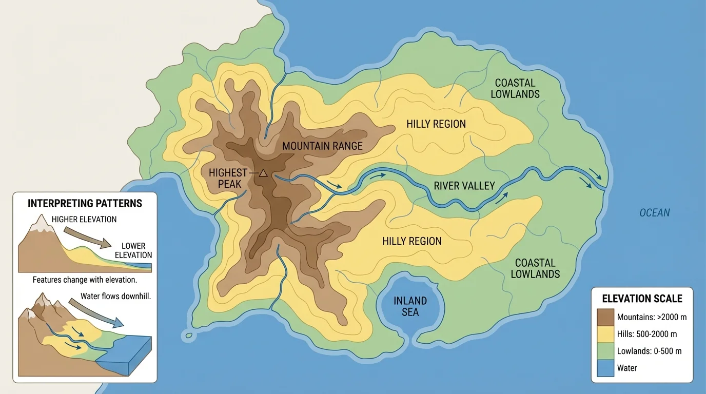 Color-shaded elevation map with green lowlands, yellow hills, brown mountains, and blue water