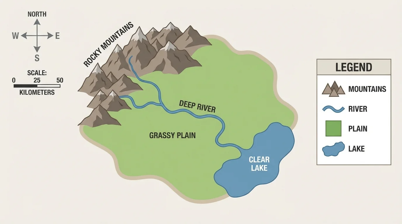 Simple physical map of a region with mountains, river, plain, lake, legend, compass rose, and scale bar labeled