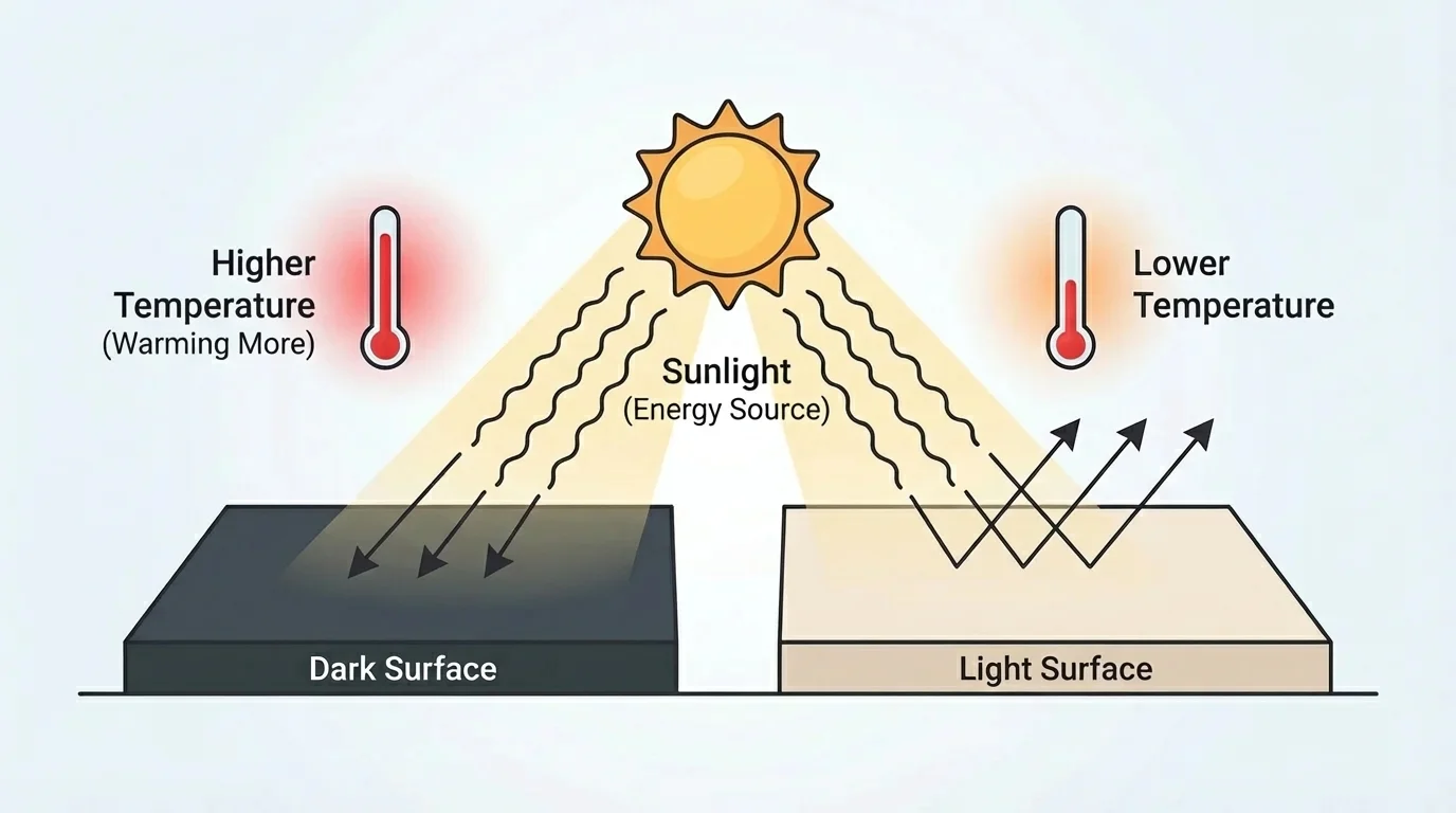 Sunlight shining onto two surfaces, one dark and one light, with the dark surface shown as warming more
