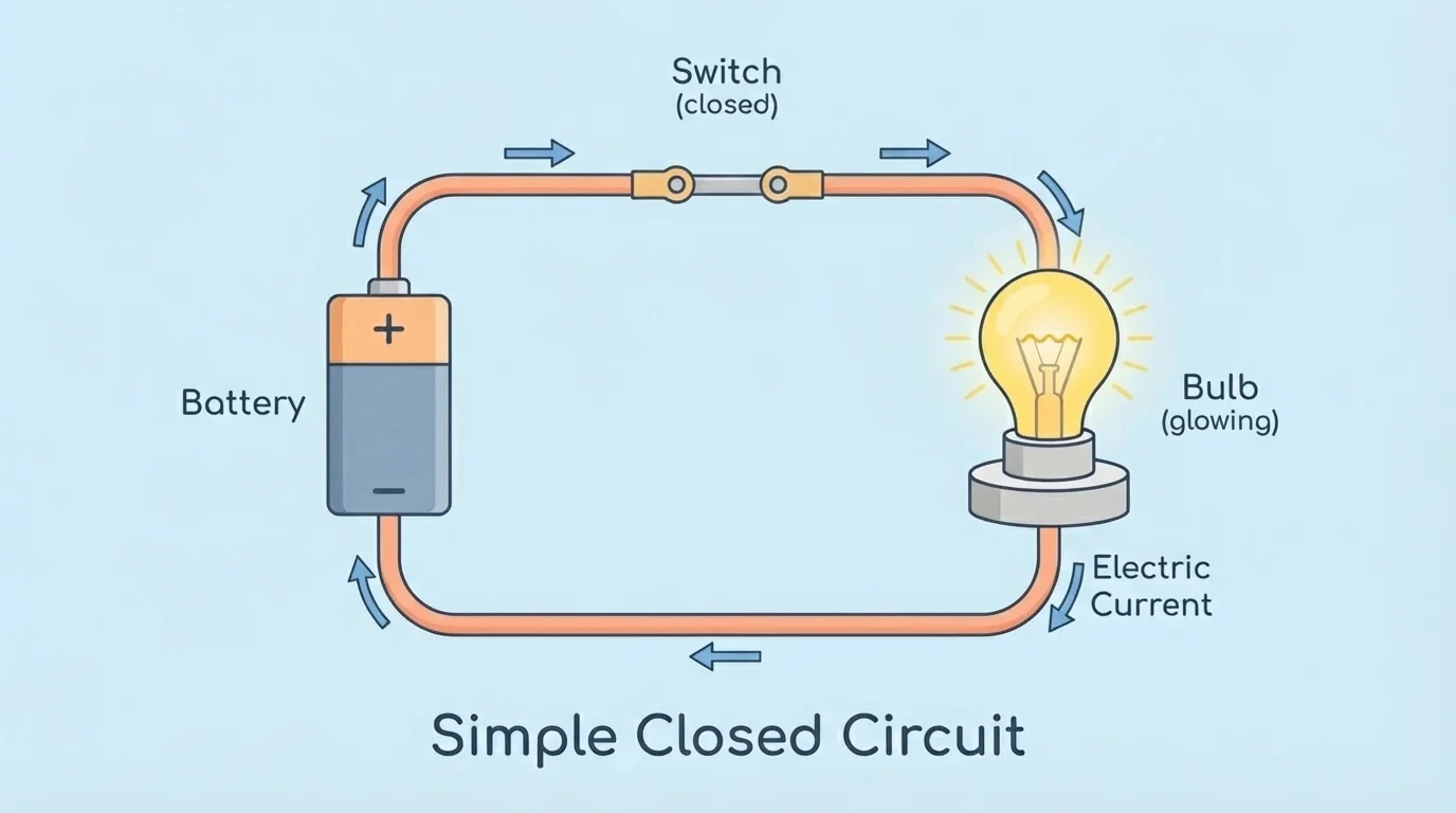 Simple closed circuit with a battery, wires, a switch, and a glowing bulb, showing current moving around the circuit