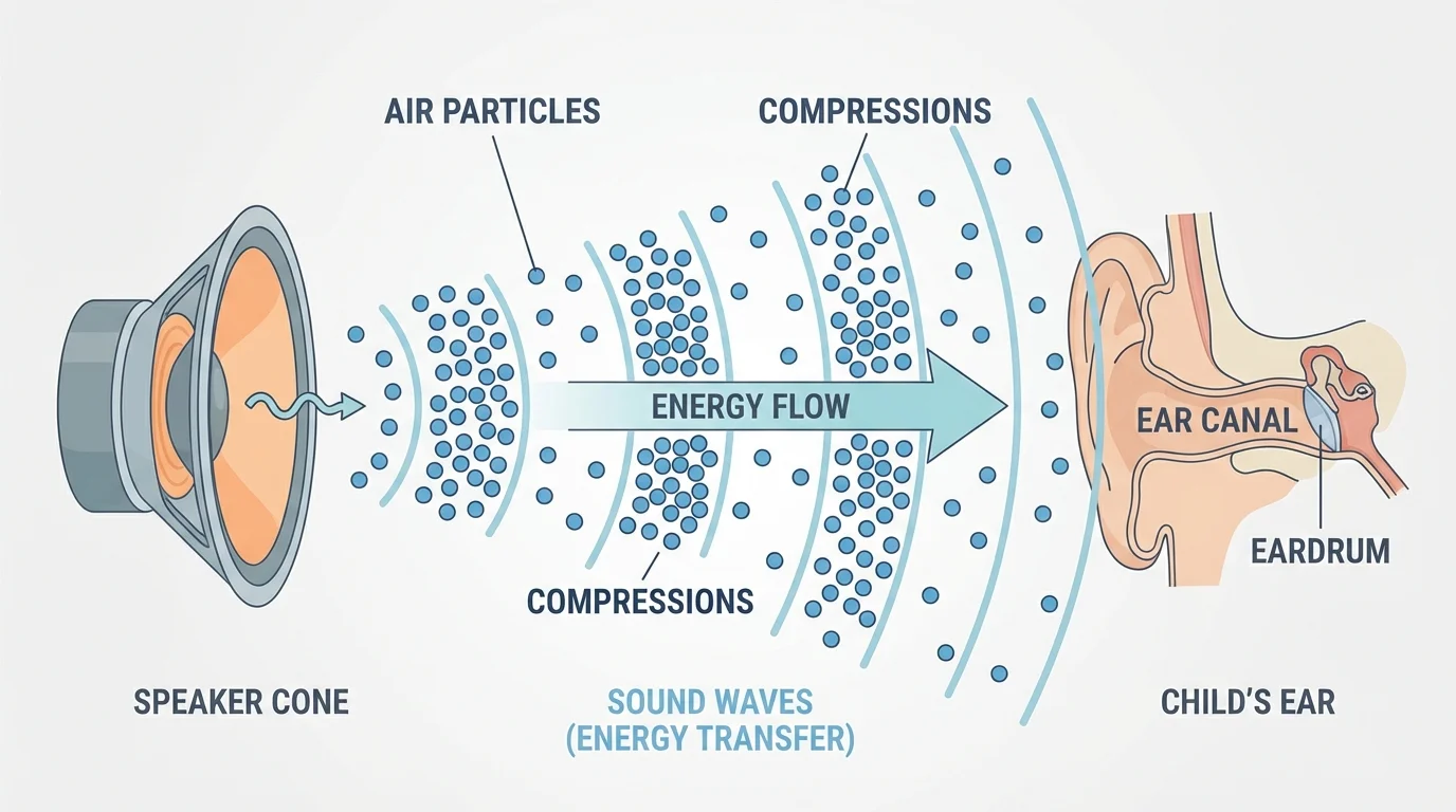 Speaker cone vibrating, air particles shown as compressions spreading outward, and sound waves reaching a child's ear