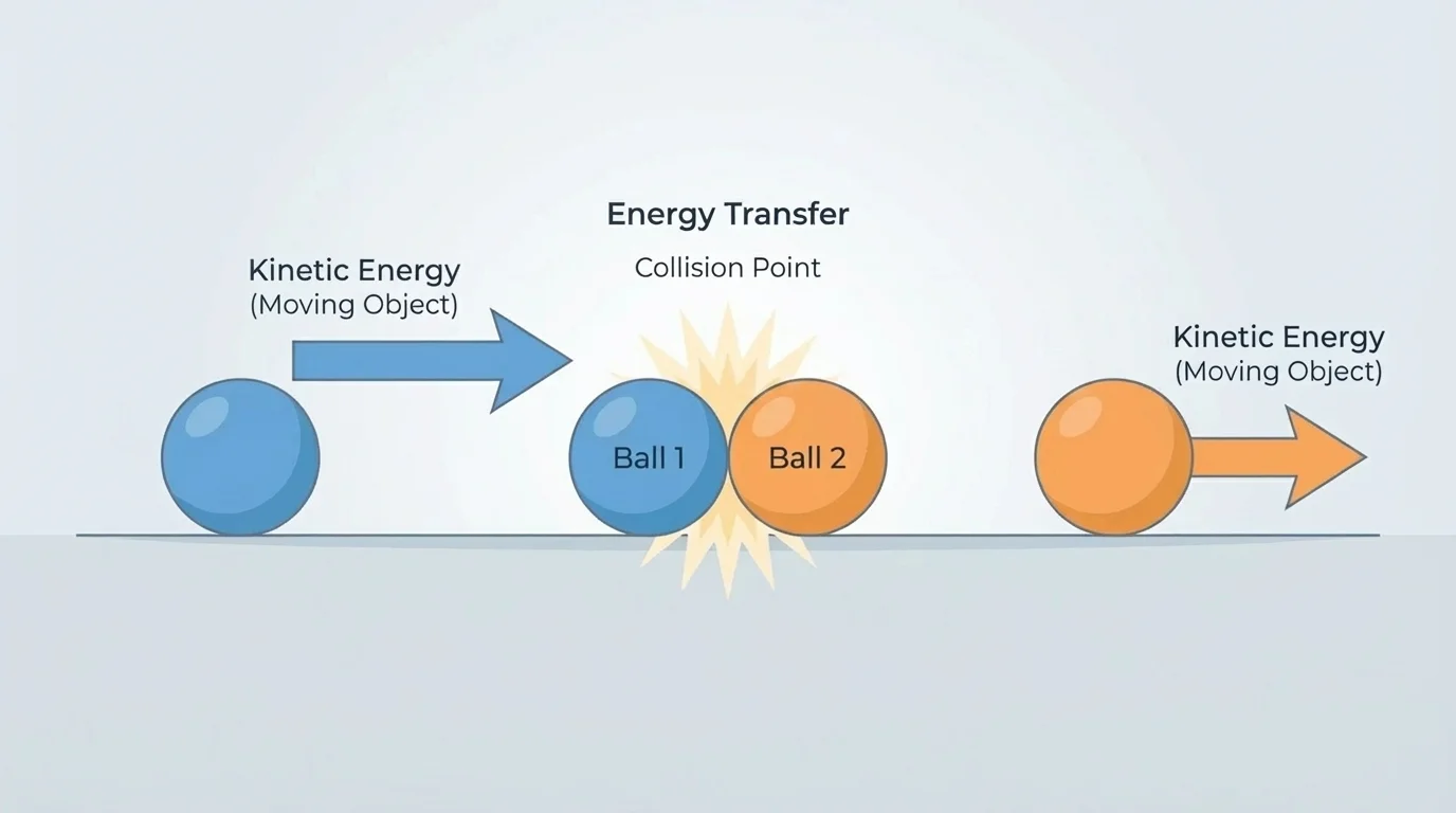 Two balls colliding on a smooth surface, with the first ball moving and the second ball starting to move after impact